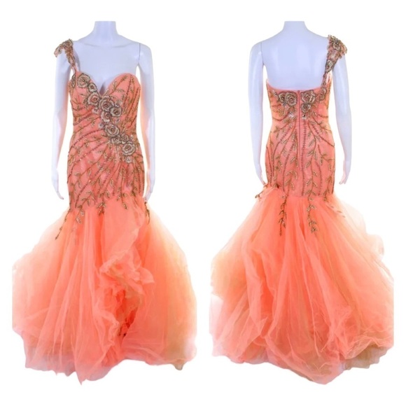 NWT SHERRI HILL One Shoulder Embellished Mermaid Tulle Gown Pastel Orange Size 6 - Picture 4 of 12